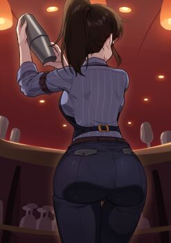1girl arm_belt ass bar_(place) bartender black_pants brown_hair cocktail_shaker concept_shaker_(idolmaster) cup drinking_glass from_behind grey_shirt h highres idolmaster idolmaster_million_live! idolmaster_million_live!_theater_days im_ae-joo indoors kamille_(vcx68) long_hair pants ponytail satake_minako shirt solo standing striped_clothes striped_shirt wine_glass