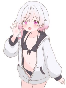 1girl bikini black_bikini flat_chest gradient_hair halterneck hand_up highres hood hoodie loli long_sleeves looking_at_viewer mahou_shoujo_no_majo_saiban medium_hair multicolored_hair navel pale_skin pink_eyes pink_hair sakuraba_ema simple_background solo standing stomach swimsuit tabedesuyo two-tone_hair waving white_background white_hair white_hoodie