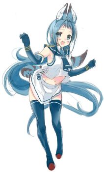1girl animal_ear_fluff animal_ears blue_gloves blue_hair blue_neckerchief blue_sailor_collar blue_thighhighs breasts cat_ears cat_girl cat_tail commentary_request elbow_gloves gloves kantai_collection kemonomimi_mode kumatora_tatsumi long_hair navel neckerchief open_mouth sailor_collar samidare_(kancolle) school_uniform simple_background skirt sleeveless small_breasts solo standing tail thighhighs very_long_hair white_background white_skirt