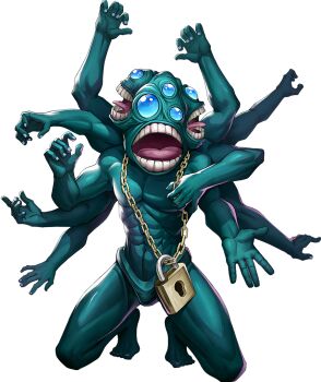 Rule 34 | 1boy, abs, artist request, blank eyes, blue eyes, blue skin, chain, colored skin, demon (megami tensei), extra arms, extra eyes, extra faces, featureless crotch, hecatoncheires (megami tensei), kneeling, lock, male focus, nude, official art, open mouth, padlock, persona, persona 5, persona 5: the phantom x, shin megami tensei, solo, third-party source, tongue, tongue out, transparent background