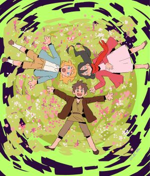 1girl 2boys armin_arlert black_hair blonde_hair blue_eyes blue_jacket brown_hair brown_jacket brown_shirt brown_shoes cardigan child closed_mouth collared_shirt dress eren_yeager flower full_body green_eyes grey_eyes grey_pants hair_between_eyes highres jacket kiwie_marinep long_hair lying mikasa_ackerman multiple_boys on_back open_mouth outstretched_arms pants pink_cardigan pink_flower red_scarf scarf shingeki_no_kyojin shirt shoes short_hair shorts smile socks white_dress white_shirt white_socks yellow_shorts