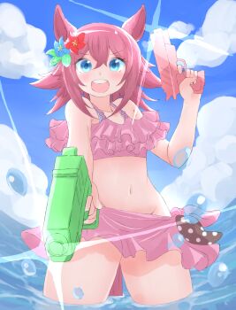 1girl :d animal_ears bare_arms bare_shoulders bikini blue_eyes blue_flower blue_sky cloud commentary_request day flower frilled_bikini frills groin hair_between_eyes hair_flower hair_ornament hand_up highres holding horse_ears looking_at_viewer navel norippe_(user_zgsf8872) open_mouth outdoors pink_bikini pink_hair red_flower sakura_chiyono_o_(sakura_hearts_are_super_good_hearts)_(umamusume) sakura_chiyono_o_(umamusume) sky smile solo swimsuit umamusume v-shaped_eyebrows water water_drop water_gun
