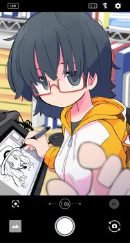 1girl blurry blurry_foreground computer_mouse drawing_(action) drawing_tablet drawstring expressionless fake_phone_screenshot fake_screenshot glasses grey_eyes grey_hair highres holding holding_stylus hood hooded_jacket jacket jitome leaf_(pokemon) looking_at_viewer nintendo original pokemon pokemon_frlg rascal_(feuille) reaching reaching_towards_viewer red-framed_eyewear semi-rimless_eyewear solo stylus user_interface zipper_pull_tab