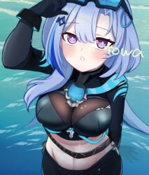 Rule 34 | 1girl, :o, absurdres, artist name, black gloves, black pants, blue hair, breasts, commentary request, crop top, diving suit, gloves, goggles, goggles on head, griseo, griseo (cosmic expression), griseo (star-speckled blue), highres, honkai (series), honkai impact 3rd, large breasts, long hair, midriff, navel, ocean, official alternate costume, pants, purple eyes, satoyukitowa, see-through cleavage, see-through clothes, solo