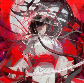 1girl black_hair bridal_veil chinese_commentary commentary_request holding holding_sword holding_weapon hood japanese_clothes katana kimono limbus_company lk0_71604 long_hair long_sleeves obi open_mouth project_moon red_eyes red_sash ryoshu_(project_moon) sash see-through_clothes shiromuku solo string sword uchikake veil wataboushi weapon white_kimono wide_sleeves