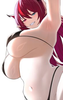 1girl absurdres arm_up armpit_focus armpits arms_up bikini black_bikini blue_eyes breasts commentary covered_erect_nipples english_commentary from_below grin hair_between_eyes heterochromia highres hololive horns irys_(hololive) large_breasts long_hair looking_at_viewer micro_bikini milestone_celebration multicolored_hair navel pointy_ears purple_hair red_hair ring_light_reflection si_farid simple_background skindentation smile solo star-shaped_pupils star_(symbol) stomach streaked_hair swimsuit symbol-shaped_pupils underboob upper_body very_long_hair virtual_youtuber white_background