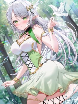1girl absurdres animal armlet bare_shoulders bird blush bracelet breasts cleavage cocoluce commentary_request commission dress earrings feather_hair_ornament feathers forest gold_armlet gold_bracelet green_dress green_eyes hair_ornament hamico hanenone_cocone highres jewelry large_breasts long_hair looking_at_viewer multicolored_dress nature outdoors pointy_ears second-party_source solo splashing tree virtual_youtuber water white_bird white_dress white_hair