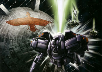 1990s_(style) army artist_request cable crossbone_vanguard den'an_zon downscaled emblem fleet gundam gundam_f91 gundam_perfect_file highres logo machinery mecha mecha_focus mobile_suit no_humans official_art realistic resized retro_artstyle robot roundel scan scene_reference science_fiction shot_lancer space thrusters traditional_media