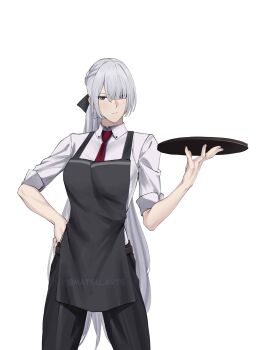 Rule 34 | 1girl, absurdres, ak-15 (girls' frontline), apron, black apron, black pants, black ribbon, blunt bangs, braid, breasts, closed mouth, collared shirt, expressionless, girls' frontline, grey eyes, grey hair, hair over one eye, hair ribbon, hand on own hip, hand up, highres, holding, holding plate, long hair, long sleeves, matsu arts, medium breasts, necktie, pants, plate, red necktie, ribbon, shirt, simple background, sleeves rolled up, solo, toned, toned female, tray, very long hair, white background, white shirt