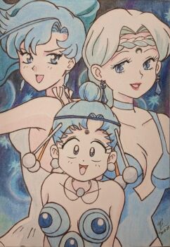 Rule 34 | 3girls, :d, bare shoulders, beruche (sailor moon), bishoujo senshi sailor moon, bishoujo senshi sailor moon r, bishoujo senshi sailor moon supers, blue background, blue choker, blue eyes, blue hair, blue leotard, braid, breasts, choker, cleavage, colored pencil (medium), commentary, crescent, crescent facial mark, dated, dress, earrings, english commentary, facial mark, fish eye (sailor moon), forehead mark, genderswap, genderswap (mtf), hair bun, happy, iyashidays, jewelry, leotard, lipstick, looking at viewer, makeup, multiple girls, open mouth, pallapalla (sailor moon), ponytail, red lips, signature, single hair bun, smile, sphere earrings, traditional media, white dress, white hair