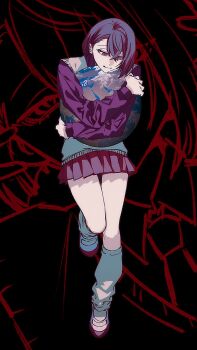 1girl @_@ asymmetrical_hair black_shirt brown_hair brown_sweater_vest carrie-chan carrie_(song) closed_mouth earth_(planet) full_body hair_behind_ear hair_between_eyes highres hugging_object long_sleeves looking_down loose_socks miniskirt mizuki7810 multicolored_shoes planet pleated_skirt projected_inset red_eyes red_shoes red_skirt school_uniform shirt shoes short_hair skirt smile socks solo sweater_vest two-tone_shoes uwabaki white_shoes