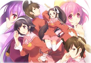 Rule 34 | 1boy, 5girls, :d, ahoge, black hair, bow, broom, brown eyes, brown hair, choker, elysia de lute ima, glasses, hair bow, hair ornament, hair ribbon, hairband, hairclip, haqua d'rot herminium, holding, kami nomi zo shiru sekai, katsuragi keima, kosaka chihiro, long hair, looking at viewer, multiple girls, nakagawa kanon, open mouth, pink eyes, pink hair, pleated skirt, ponytail, red eyes, ribbon, school uniform, short hair, skirt, skull hair ornament, smile, takahara ayumi, thighhighs, tokira nozumi, white legwear, zettai ryouiki