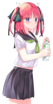1girl black_ribbon black_sailor_collar black_skirt blue_eyes blush bottle cowboy_shot from_side go-toubun_no_hanayome green_neckerchief hair_ribbon highres holding holding_bottle looking_at_viewer medium_hair nakano_nino neckerchief pleated_skirt profnote red_hair ribbon sailor_collar school_uniform serafuku shirt short_sleeves simple_background skirt solo standing two_side_up water_bottle white_background white_shirt