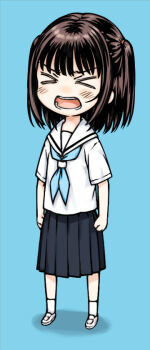 &gt;_&lt; 1girl black_hair chibi focke_wulf full_body open_mouth original school_uniform serafuku short_hair skirt solo