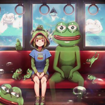 1boy 1girl absurdres black_footwear blue_shirt blue_sky blush boy&#039;s_club brown_shorts bubble character_name closed_mouth commentary day english_commentary frog green_eyes green_hair green_hoodie green_socks highres hood hood_up hoodie iboobee indoors layered_sleeves lips long_sleeves looking_at_viewer looking_down original parody pepe_the_frog red_eyes red_lips see-through_body sen_to_chihiro_no_kamikakushi shirt short_over_long_sleeves short_sleeves shorts sitting sky socks train_interior water what window