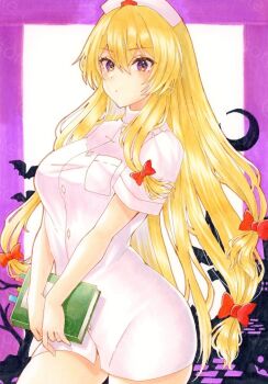 1girl :o alternate_costume blonde_hair book breasts commentary_request dress hair_between_eyes hair_ribbon hat holding holding_book kapibaradon0405 large_breasts long_hair looking_at_viewer nurse nurse_cap purple_eyes ribbon sample_watermark short_sleeves solo thighs touhou traditional_media very_long_hair watermark white_dress yakumo_yukari