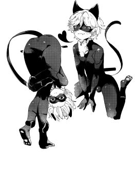 1boy absurdres animal_ears blush bodysuit cat_ears chat_noir closed_mouth greyscale highres male_focus miraculous_ladybug mochitora monochrome multiple_views short_hair solo tail white_background