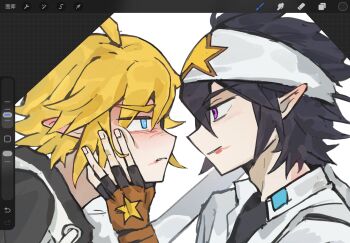 Rule 34 | 2boys, @ @, ahoge, aotu world, art program in frame, bandana, black gloves, black hair, black shirt, blonde hair, blood, blood on face, blue eyes, blush, brown gloves, cheek press, chinese commentary, commentary request, drawstring, eye contact, face-to-face, fingerless gloves, gloves, hand on another's cheek, hand on another's face, headband, highres, hood, hood down, hooded jacket, hoodie, jacket, king (aotu world), looking at another, male focus, multicolored gloves, multicolored hoodie, multiple boys, parted lips, pointy ears, print gloves, print headband, profile, purple eyes, ray (aotu world), shirt, short hair, simple background, smile, star (symbol), star print, upper body, white background, white headband, white hoodie, white jacket, xia8394727, yaoi