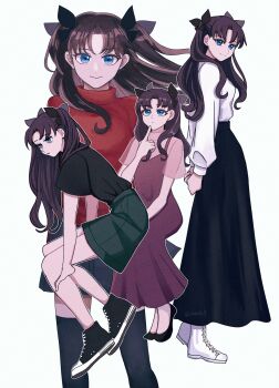1girl absurdres arms_behind_back black_hair black_shirt black_shoes black_skirt blue_eyes breasts commentary converse dress fate/stay_night fate_(series) finger_to_own_chin green_skirt high-waist_skirt highres invisible_chair long_dress long_skirt medium_breasts miniskirt ohmoto_9 pleated_skirt purple_dress red_shirt shirt shirt_tucked_in shoes sitting skirt sneakers t-shirt thighhighs thinking tohsaka_rin twitter_username two_side_up watermark white_shoes zettai_ryouiki