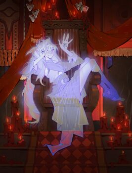 1girl absurdres blonde_hair blush breasts cami_(camisleeps) candle candlelight clothing_request colored_skin dress fire ghost ghost_girl highres indoors long_hair looking_at_viewer original see-through_body sitting small_breasts smile solo