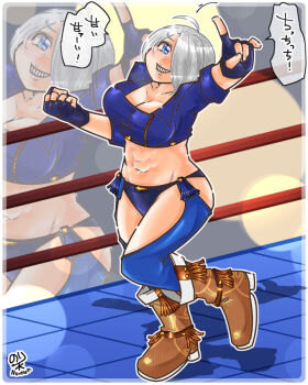 1girl angel_(kof) ass blue_eyes boots breasts cleavage female_focus gloves heel_up jacket japanese_text jewelry large_breasts leather leather_gloves leather_jacket leg_up noriten one_eye_covered open_clothes pale_skin ring shiny_clothes shiny_skin short_hair smile smiley_face stage stage_lights the_king_of_fighters thighs toned toned_female white_hair