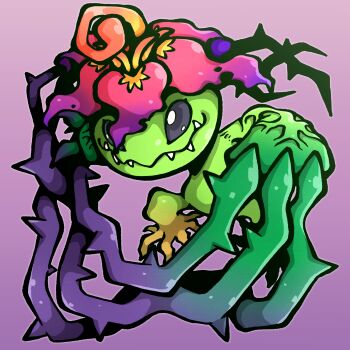 Rule 34 | absurdres, black sclera, colored sclera, colored skin, digimon, digimon (creature), gradient background, green skin, highres, jumping, looking at viewer, no pupils, palmon, petals, plant roots, sanjuro art, sharp teeth, smile, teeth, thorns, veins