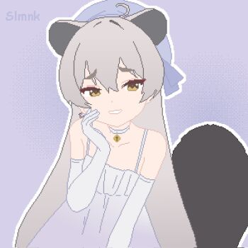 1girl animal_ears bare_shoulders bell blue_archive blue_hat choker double-parted_bangs dress elbow_gloves gloves grey_hair hair_between_eyes hand_up hashtag-only_commentary hat highres long_hair looking_at_viewer michiru_(blue_archive) michiru_(dress)_(blue_archive) neck_bell official_alternate_costume pixel_art purple_background raccoon_ears raccoon_girl raccoon_tail raised_inner_eyebrows slmnk10124 smile solo tail upper_body white_choker white_dress white_gloves yellow_eyes