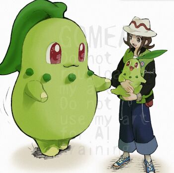 1girl 1other blue_pants brown_eyes brown_hair chikorita colored_skin commentary_request cosplay costume cross-laced_shoes full_body gen_2_pokemon gogohan green_jacket green_skin harmony_(pokemon) hat highres holding holding_pokemon jacket kigurumi leaf leaf_on_head long_sleeves looking_at_another mega_ring motion_lines nintendo open_clothes open_jacket open_mouth pants pokemon pokemon_(creature) pokemon_legends:_z-a red_eyes shoes short_hair signature socks standing watermark white_hat white_socks