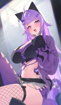 1girl :3 ahoge akai_ame animal_ear_piercing animal_ears asymmetrical_legwear black_shirt black_thighhighs blurry blurry_background blush breasts cat_ears cat_hair_ornament cat_tail cleavage colored_inner_hair fang fishnet_thighhighs fishnets grey_mask grey_shorts hair_ornament hairclip heart heart_hair_ornament highres hololive large_breasts long_hair long_sleeves looking_at_viewer mask mask_lift mouth_mask multicolored_hair navel nekomata_okayu nekomata_okayu_(personya_respect) open_fly open_mouth pink_hair purple_eyes purple_hair purple_tail purple_thighhighs shirt shorts sleeves_past_wrists smile solo stomach tail thighhighs thighs torn_clothes torn_thighhighs two-tone_hair virtual_youtuber