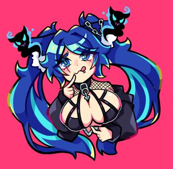 1girl animal_ears black_bra black_collar black_jacket blue_eyes blue_hair bra breasts cleavage collar fishnets highres huge_breasts indie_virtual_youtuber jacket large_breasts long_hair looking_at_viewer multicolored_hair pink_background scar scar_across_eye scar_on_face solo spite_(vtuber) tongue tongue_out twintails underwear virtual_youtuber wolf_ears wolf_girl x3dustco