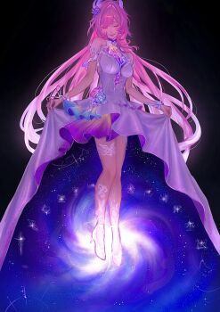 1girl 5564ma bare_shoulders black_background breasts cyrene_(honkai:_star_rail) cyrene_(ripples_of_past_reverie)_(honkai:_star_rail) dress dress_tug earrings flower hair_flower hair_ornament hashtag-only_commentary highres honkai:_star_rail honkai_(series) jewelry large_breasts long_hair multicolored_hair pink_hair smile solo thighs two-tone_hair very_long_hair white_dress white_hair