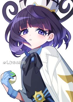 1girl 4rion absurdres black_dress black_hair blue_gloves blunt_bangs blush bob_cut coat dress gloves gradient_hair gwynn_(pokemon) hat highres holding holding_poke_ball long_sleeves looking_at_viewer mega_stone multicolored_hair nintendo open_clothes open_coat open_mouth partially_fingerless_gloves poke_ball pokemon pokemon_legends:_z-a purple_eyes purple_hair short_hair simple_background solo upper_body white_background white_coat