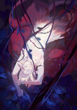 1girl arms_up blonde_hair branch closed_eyes dungeon_meshi expressionless facing_viewer falin_touden falin_touden_(chimera) from_above haohaoya52356 highres leaf lying monster_girl on_back organs pale_skin parted_lips plant short_hair solo taur thorns vine_bondage vines