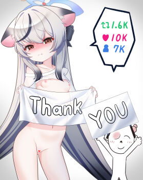 1boy 1girl absurdres alternate_costume animal_ear_fluff animal_ears banner blue_archive blue_halo blush bottomless bow breasts brown_hair bruise censored collarbone commentary_request cowboy_shot doodle_sensei_(blue_archive) embarrassed english_text full-face_blush gnoet gradient_hair groin hair_between_eyes hair_bow hair_ribbon halo halo_behind_head head_bump heart heart_censor highres holding holding_banner holding_scissors injury kokona_(blue_archive) loli long_hair looking_at_viewer midriff multicolored_hair multicolored_halo multiple_drawing_challenge navel nipples oversized_clothes oversized_shirt pussy ribbon scissors sensei_(blue_archive) shirt short_sleeves sidelocks simple_background small_breasts speech_bubble streaked_hair tearing_up tiger_ears tiger_girl twitter_cutting_game two-tone_hair two-tone_halo white_background white_hair white_shirt