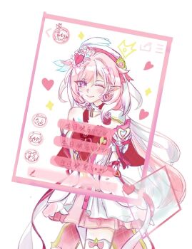 1girl ;) beret breasts chat_log chinese_commentary commentary_request diamond-shaped_pupils diamond_(shape) dress earrings eden_(honkai_impact) elf elysia_(hi_love_elf)_(honkai_impact) elysia_(honkai_impact) hat heart heart_earrings highres honkai_(series) honkai_impact_3rd jewelry large_breasts long_hair looking_at_viewer multicolored_hair one_eye_closed pardofelis pink_hair pointy_ears purple_eyes ray3370195 red_dress simple_background smile solo symbol-shaped_pupils thighhighs two-tone_dress two-tone_hair very_long_hair white_background white_dress white_hair white_thighhighs yae_sakura