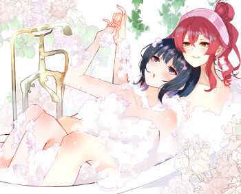 2girls bath bathing bathroom bathtub blue_hair breasts couple duel_monster green_eyes highres ki-sikil_(yu-gi-oh!) large_breasts lil-la_(yu-gi-oh!) live_twin_ki-sikil live_twin_lil-la long_hair multiple_girls nude partially_submerged same-sex_bathing shared_bathing short_hair smile soap_bubbles surphase yu-gi-oh! yuri