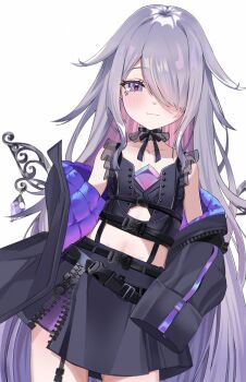 1girl :3 absurdres black_choker black_jacket black_shirt black_skirt castellayaki chest_jewel choker closed_mouth colored_inner_hair commentary cropped_shirt detached_wings flat_chest frilled_choker frills garter_straps gem gradient_hair hair_flaps hair_over_one_eye highres hololive hololive_english jacket koseki_bijou koseki_bijou_(casual) long_hair looking_at_viewer metal_wings midriff miniskirt multicolored_hair off_shoulder official_alternate_costume official_alternate_hairstyle pink_hair purple_eyes purple_gem purple_jacket quilted_jacket shirt sidelocks simple_background single_garter_strap skirt solo swept_bangs two-sided_fabric two-sided_jacket very_long_hair virtual_youtuber white_background wings