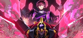 1boy artist_request ascot black_gloves black_hair black_sky coat code_geass code_geass:_lost_stories crossed_arms energy_barrier energy_shield explosion extra_eyes eye_trail game_cg geass gloves glowing glowing_eye glowing_eyes grin hair_between_eyes hands_up happy highres lelouch_vi_britannia light_trail long_sleeves looking_at_viewer male_focus mecha night non-web_source official_art outdoors purple_coat purple_eyes red_eyes robot shinkirou short_hair sidelocks sky smile smoke solo straight-on teeth underlighting upper_body v-shaped_eyebrows white_ascot zero_(code_geass)