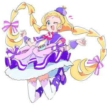 1girl ;d blonde_hair blue_eyes blush bow bow_earrings braid bright_pupils brooch capelet chest_bow commentary cure_friendy curled_fingers danoso_(the_tanbok) deerstalker dress dress_bow earrings floating_hair frilled_wrist_cuffs frills full_body hair_bow hat hat_ornament heart heart_hat_ornament highres inukai_iroha jewelry legs_up long_hair looking_at_viewer low-tied_long_hair low_twin_braids magical_girl midair multicolored_bow one_eye_closed open_mouth pact_holder petticoat pink_bow pouch precure purple_bow purple_capelet purple_dress purple_hat purple_shoes purple_wrist_cuffs raised_eyebrow shoes simple_background sleeveless sleeveless_dress smile solo striped_bow thighhighs tilted_headwear twin_braids very_long_hair white_background white_thighhighs wonderful_pact wonderful_precure! wrist_cuffs yellow_pupils zettai_ryouiki