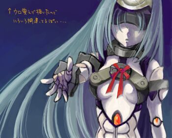 Rule 34 | 1girl, android, bad drawr id, bad id, blue hair, breasts, forehead protector, head-mounted display, joints, kos-mos, kos-mos (archetype), long hair, medium breasts, outstretched arm, outstretched hand, robot joints, saikachi (ogre tree), solo, translation request, underboob, xenosaga, xenosaga episode i