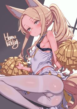 1girl alternate_costume alternate_hairstyle animal_ear_fluff animal_ears artist_name black_bra blonde_hair blue_archive bra breasts cheerleader closed_mouth commentary extra_ears fox_ears fox_girl fox_tail highres holding holding_pom_poms long_hair looking_at_viewer lying miniskirt on_side paid_reward_available pantyhose pleated_skirt pom_pom_(cheerleading) pom_poms ponytail puddinghomhom seia_(blue_archive) shirt skirt sleeveless sleeveless_shirt small_breasts solo sweat tail thighband_pantyhose underwear white_pantyhose white_shirt white_skirt yellow_eyes