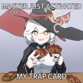 +_+ 1girl :d black_jacket blue_archive bow bowtie braid breasts caption card collared_shirt commentary_request crossed_bangs deck_of_cards diagonal-striped_bow diagonal-striped_bowtie diagonal-striped_clothes double-parted_bangs drawing_rak english_text eri_(blue_archive) gem grey_background hair_between_eyes hair_over_shoulder halo hat highres holding holding_card hood hood_down jacket jewelry light_blush looking_at_viewer medium_breasts medium_hair meme multiple_rings open_clothes open_jacket open_mouth pov_across_table red_bow red_bowtie red_gemstone ring shirt side_braid sidelocks sleeves_past_wrists smile solo sparkling_eyes striped_bow striped_bowtie striped_clothes table turtleneck v-shaped_eyebrows white_hair white_shirt witch_hat yellow_eyes yellow_halo you_just_activated_my_trap_card_(meme)