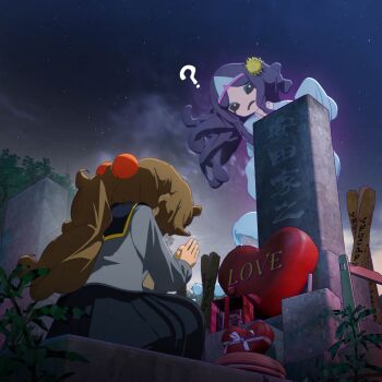 Rule 34 | 2girls, ?, artist name, black hair, black sclera, box, brown hair, colored sclera, commentary request, english text, flower, ghost, ghost tail, graveyard, hair bobbles, hair flower, hair ornament, heart-shaped box, highres, japanese clothes, kimono, kneeling, long hair, multiple girls, night, original, outdoors, plant, pleated skirt, ponytail, praying, rei (yasuda genshou), school uniform, skirt, sky, sotoba, tombstone, triangular headpiece, valentine, yasuda genshou, yoshino (yasuda genshou)