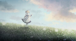 Rule 34 | 1girl, artist name, barbara (genshin impact), bare shoulders, blonde hair, blue eyes, blue sky, bow, closed mouth, cloud, cloudy sky, commentary request, cross, cross print, dandelion, dandelion clock, dandelion seed, day, detached collar, detached sleeves, dress, drill hair, field, flower, flower field, frilled dress, frills, genshin impact, gloves, grass, hair between eyes, hands up, hat, highres, holding, holding flower, long sleeves, medium hair, outdoors, pantyhose, scenery, sidelocks, sky, sleeve cuffs, solo, someaka, standing, strapless, strapless dress, twin drills, white bow, white dress, white flower, white gloves, white hat, white pantyhose, white sleeves