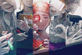 2boys 3girls black_jacket blonde_hair book brown_hair child clothes_grab collared_shirt covering_own_eyes doctor facial_hair formal_clothes gloves glowing glowing_eye grey_hair hair_over_eyes half-heart_hands hand_on_own_face highres holding holding_book holding_newspaper holding_phone holding_scissors holding_syringe jacket long_hair long_sleeves looking_at_viewer mau_sakura medium_hair multiple_boys multiple_girls nail_polish necktie newspaper open_mouth orange_hair original out_of_frame parted_lips phone pink_nails red_eyes red_shirt scissors shirt short_hair smile suit sweat syringe tears teeth white_jacket white_shirt