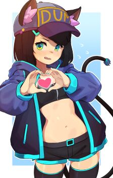 1girl animal_ear_fluff animal_ears baseball_cap black_hair black_shorts black_sports_bra black_thighhighs blue_eyes blue_jacket blue_nails blush cable cable_tail cat_ears cat_girl embarrassed fang haqu_(suweeka) hat heart heart_hands highres jacket looking_at_viewer mechanical_tail navel open_clothes open_jacket original short_hair short_shorts shorts skindentation sports_bra stomach suweeka tail thighhighs