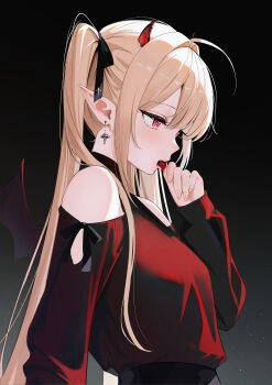 1girl absurdres bare_shoulders bat_wings black_ribbon black_sweater blonde_hair cherry clothing_cutout commentary cross cross_earrings demon_girl demon_horns earrings eyelashes fingernails food food_in_mouth from_side fruit gradient_background hair_intakes hand_up highres horns jewelry long_hair long_pointy_ears long_sleeves looking_ahead mouth_hold original pink_eyes pointy_ears red_horns ribbon ringed_eyes shoulder_cutout sidelocks sleeve_cuffs sleeve_ribbon sleeves_past_wrists sweater turtleneck turtleneck_sweater twintails upper_body wings yuuca