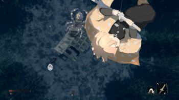 2boys agatsuma_zenitsu black_shirt blonde_hair closed_eyes decapitation demon_slayer_uniform fighting_stance food from_above haori holding holding_sword holding_weapon japanese_clothes katana kimetsu_no_yaiba multiple_boys night older_brother_spider_demon_(kimetsu_no_yaiba) onigiri ready_to_draw samidare_(hoshi) sekiro:_shadows_die_twice shirt sword tree triangle_print user_interface weapon yellow_haori