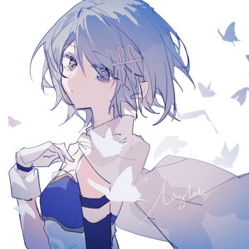 1girl aegyo_sal armlet bare_shoulders blue_eyes blue_hair blue_shirt blue_sleeves bug butterfly cape closed_mouth collared_cape detached_sleeves expressionless eyelashes eyes_visible_through_hair floating_cape fortissimo frilled_shirt frills gloves hair_between_eyes hair_ornament hairclip hand_on_own_chest highres insect jewelry layla_836829767 light_frown long_sleeves magical_girl mahou_shoujo_madoka_magica mahou_shoujo_madoka_magica_(anime) miki_sayaka musical_note musical_note_hair_ornament shirt short_hair signature simple_background solo strapless strapless_shirt two-tone_shirt upper_body white_background white_cape white_gloves white_shirt