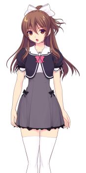 1girl :o bow bowtie brown_eyes brown_hair game_cg grey_skirt hair_between_eyes hair_bow high-waist_skirt high_ponytail kourin_tenshi_en_ciel_rena large_variant_set long_hair looking_at_viewer miniskirt non-web_source official_art open_mouth pink_bow pink_bowtie pleated_skirt ponytail puffy_short_sleeves puffy_sleeves ribbon sailor_collar saitou_natsuki school_uniform short_sleeves skirt solo standing suhamaya thighhighs tomoe_rena transparent_background variant_set white_bow white_ribbon white_thighhighs zettai_ryouiki